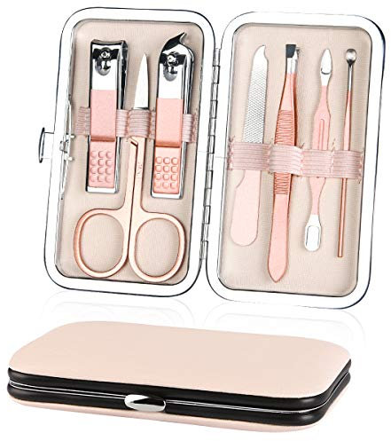 URAQT Professional Manicure Set, 7 pcs Portable Nail Clippers & Eyebrow Grooming Kit, Stainless Steel Nail Care Tools with Luxurious Leather Case for Travel & Home