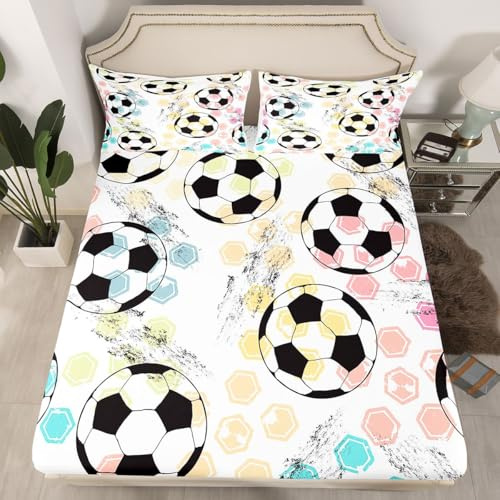 Kids Football Bedding Set Sports Theme Fitted Sheet for Child Boys Girls Soccer Ball Pattern Bed Sheet Set Breathable Colorful Grunge Style Bed Cover Room Decor Twin Size