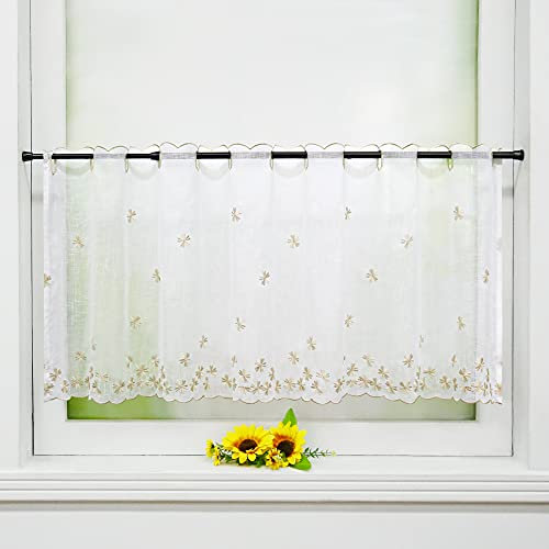 Yujiao Mao 1er-Pack landhausstil Scheibengardine mit Blumenstickerei Leinenoptik Küchengardine Bistrogardine transparente Kaffee Gardine, mit Lochleiste, HxB 60x120cm, Sand