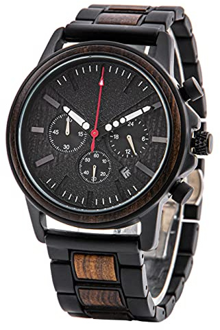 LMWOOD Personalisierte Herren-Holzuhr mit Gravur, Geburtstag, Jubiläum oder zu Weihnachten, Chronograph, Datumsanzeige und Leuchtzeigern