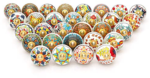 Craft Trade Multicolore Boutons D'armoire de Porte Antique Laiton Céramique Bouton de Porte Tiroir de commode Tire le Placard Boutons de Cuisine et de Meubles- Paquet de 30