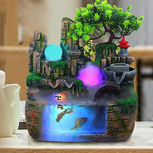 Bathrena Zimmerbrunnen mit LED Beleuchtung - Schreibtischbrunnen, Wasserfall, Landschaftsmodell, Dekoration, 30*20*30 cm, 3.2 kg