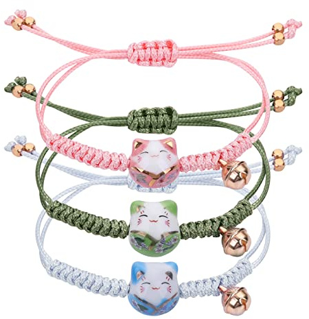 Yolev 3 Pièces Bracelet Chat Maneki Neko Mignon Chanceux en Perles Céramique Chaîne de Fortune Tressé Porte Bonheur avec Cloche Réglable
