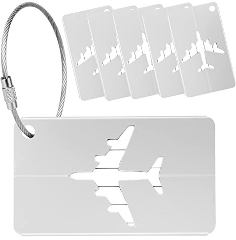 Yizhet 6 x Kofferanhänger mit Adressschild, Aluminium Gepäckanhänger Koffer Schild mit Edelstahlkabel und Wasserdichte PVC Namensschild, Luggage Tags für Gepäck Koffer Tasche Handtasche (Silber)