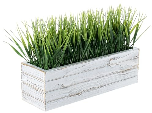 MyGift 14 Inch Artificial Green Grass Plant in Shabby White Washed Wood Planter Window Box - Faux Greenery in Rectangular Crate Style Wooden Container