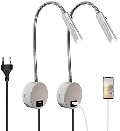 YNDD 2 Stück Leselampe Wandmontage mit Stecker, 230V Wand Bettlampe Aluminium-Schwanenhals, 3W LED Wandleselampe Leselicht Wand mit Kabel für Schlafzimmer Bett Kopfteil 3000K