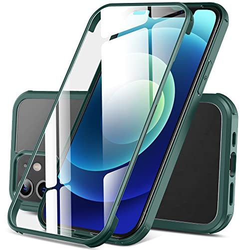 DOSNTO Doppelseitiger Durchsichtig Hülle für iPhone 12/12 Pro (6.1''), 360 Grad Ganzkörper Stoßfeste Fallschutz Handyhülle Eingebauter Gehärtetem Glas Displayschutzfolie Robust Schutzhülle, Dunkelgrün