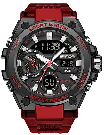 KXAITO Men's Watches Sports Outdoor Waterproof Military Watch Date Multi Function Tactics LED Alarm Stopwatch (3311 Red)