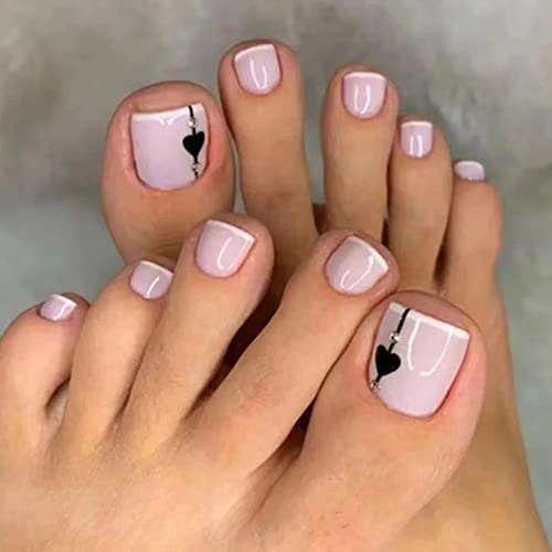 24 Stück Künstliche Zehennägel Französisch Kurz Quadratische Falsche Zehennägel Schwarz Herz Natürliche Vollabdeckung Acryl Stick auf Zehennägeln Kit für Frauen und Mädchen Nail Dekoration Art