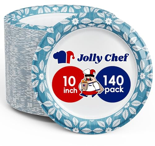 JOLLY CHEF 10 inch 140 Pack Disposable Paper Plates Heavy Duty Printed Paper Plates for Everyday Use, Soak Proof, Cut Proof