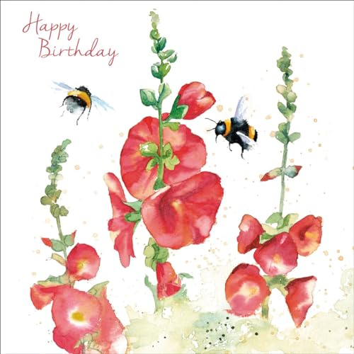 The Eco-Friendly Card Co. Female Birthday Card - General Card for Women - Holly Hocks by Rachel Toll - Flowers and Bumble Bees - Eco-Friendly and Recyclable