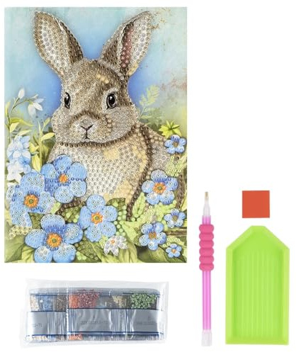 Ideen mit Herz Diamond-Painting-Grußkarte | Din B6 (11,5 x 16,5 cm) | 370 g/m² | inkl. Umschlag & Werkzeug (Hase mit blauen Blumen)
