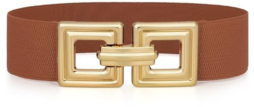 WHIPPY Damen Breiter Elastischer Taillengürtel Stretchy Gürtel für Kleid dehnbarer Hüftgürtel Mode Quadratischer Gold Schnalle,Braun 100cm