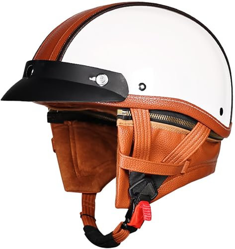 Retro Halbschalenhelm Motorradhelm Lederhelm Jethelme Vintage Mopedhelm Mit Sonnenblende DOT/ECE Zertifiziert Open Face Helm Motorradkreuzer-Rollerhelm Im Deutschen Stil 1,M=57-58CM
