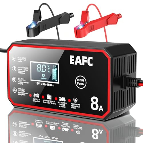 EAFC 8A Caricabatteria da Auto, 12V/8A Multi Protezioni Carica Batteria Moto,Intelligente Schermo LCD Carica Batterie Completamente Automatico per Moto,Barche, Auto, Batteria AGM