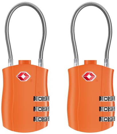 NAGE TSA Schloss, Koffer Schloss, 3-stelliges Zahlenschloss mit flexiblem Kabel, Klein, für Gepäck, Handtaschen, Fitnessstudios (2 Stücke, Orange)