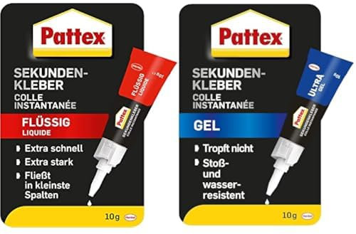 Pattex Sekundenkleber-Set, 2-er-Set aus Pattex Sekundenkleber Original Flüssig (10g) und Pattex Sekundenkleber Ultra Gel (10g), Superkleber für schnelle und einfache Reparaturen
