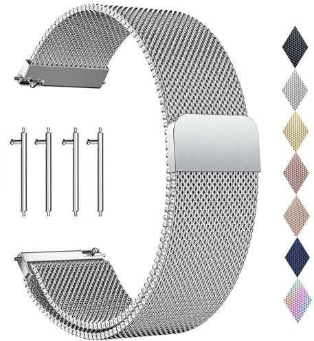 PDSQL Edelstahl Mesh Uhrenarmband, Metall Ersatz Armband Edelstahlarmband mit Magnetverschluss Smartwatch Schnellverschluss Watch Uhren Ersatzband Für Damen Herren (Silber, 16mm)