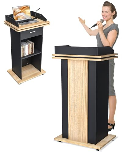 43” Wooden Podium Stand with 3-Tier Storage Shelves & Lockable Wheels - Floor-Standing Lectern for Churches, Offices, Schools, and Conferences (Yellow Front Panel)