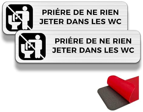 FloraVigo panneau d'avertissement toilettes, 2 étiquettes d'avertissement, 19×5 cm, intérieur/extérieur, panneau aluminium, avec autocollant adhésif(NE RIEN JETER DANS WC)