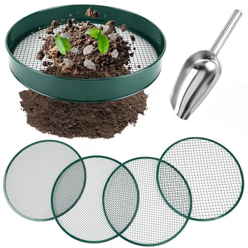 BlauHaus Gartensieb aus Metall，4 in 1 Gartensieb Rund 30 cm Kompostsieb Edelstahl mit 4 Austauschbaren Siebeinsätzen 3/6/9/12mm - Erdsieb Sandsieb Kompostsieb Sieb für Erde, Sand, Kompost