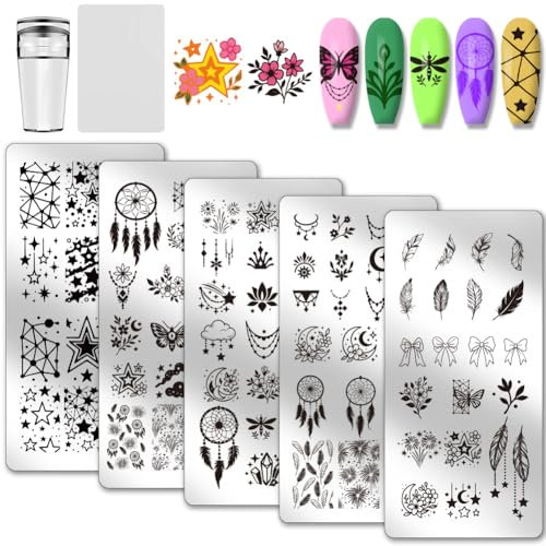 PH PandaHall Kit de placas de estampado de uñas con sello de silicona para uñas, 5 plantillas de arte de atrapasueños de plumas de fantasía, plantillas de arte de uñas, placas de imagen de acero
