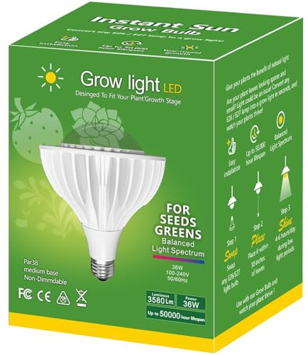 36W LED Pflanzenlampe Vollspektrum E27 Sockel für Zimmerpflanzen,LED Grow Light mit High PPFD Wachstumslampen für Gewächshaus,Garten, Blumen,Gemüse, Hydroponik,400W Äquivalent,4000K,Größe Ø12.0*15.3cm