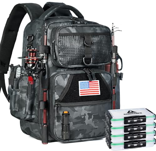Ghosthorn Angelrucksack mit 4 Tackle-Boxen, Instant Workstation, 2 Rutenhalter, wasserdichte Angeltasche, große Aufbewahrung, Angelausrüstung und Ausrüstung (Schwarz Camouflage)