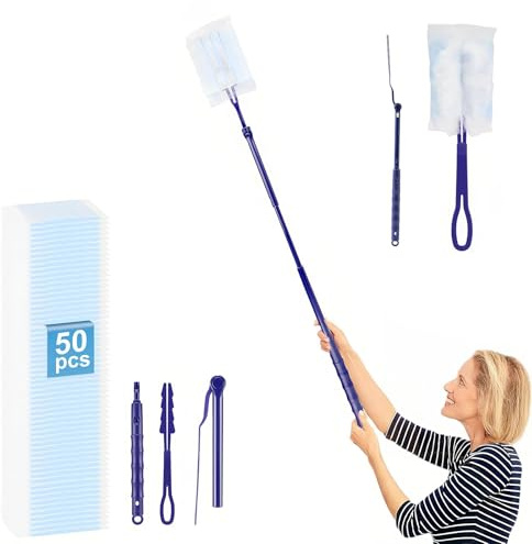LNSYSNS 50 Piezas Atrapapolvo Fácil Reemplazar, Recambios Plumero Atrapapolvo con 1 Handle Telescópico y 1 Handle Plegable, Práctico Plumeros Magnéticos Electrostáticos, Limpia Eficazmente Polvo Pelo