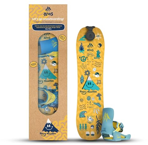 JONES Happy Mountain Kinder-Snowboard-Set mit Bindungen, flaches Wippprofil, ideal für einfaches Lernen und Fortschritt, Größe 90, Farbe: Gelb