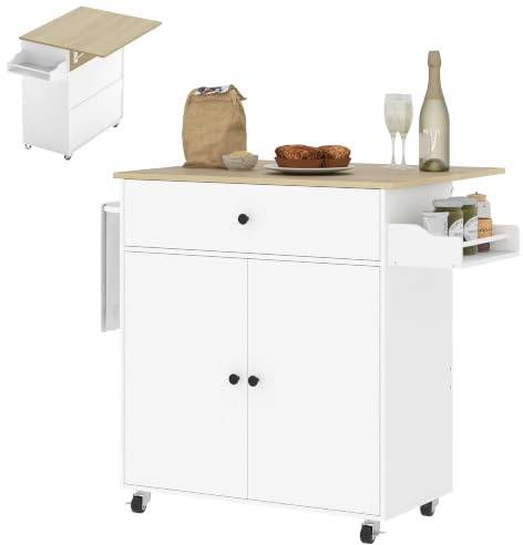 HOMCOM Kitchen Island with Drop Leaf, Rolling Trolley with Drawer, White | Kitchen Storage Trolley on Wheels, Spice Rack, Towel Rack, Storage Cart with Adjustable Shelf