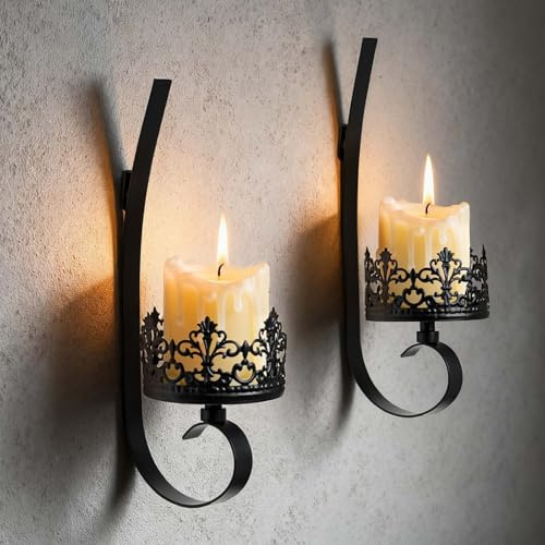 Kolnlala Set of 2 Black Wrought Iron Wall Mount Candle Sconces - Farmhouse Style Hanging Candle Holders for Living Room, Bathroom, Dining Room, and Window Decor (2, Black-A Style)
