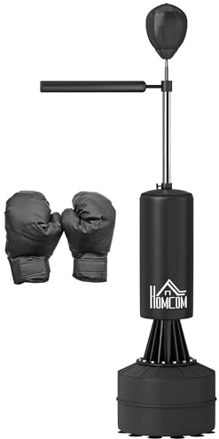 HOMCOM Boxsack stehend 155-205cm Höhenverstellbar Standboxsack mit 360° Reflexstange Speedball, Boxhandschuhen Pumpe, Punchingball Set für Erwachsene Jugendliche, Kickboxsack für Box Training