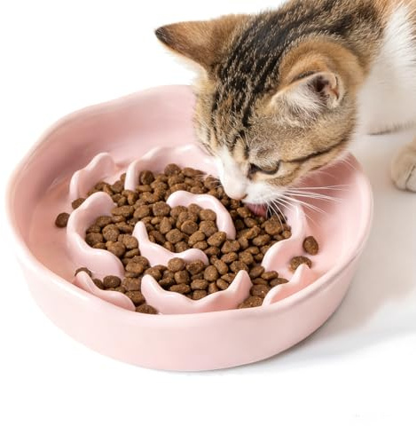 Gamelle Anti Glouton, Gamelle Anti Glouton Chat, Céramique Anti Vomissement, Bol Chien Grand Moyen Petit pour Manger Lentement pour Chats et Petits Chiens (Rose)