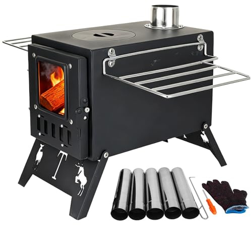 Estufa portátil para tienda de campaña, estufa de leña para tienda de campaña con 5 tubos de chimenea, cámara de combustión grande, para cocinar al aire libre, barbacoa, senderismo, pesca, caza