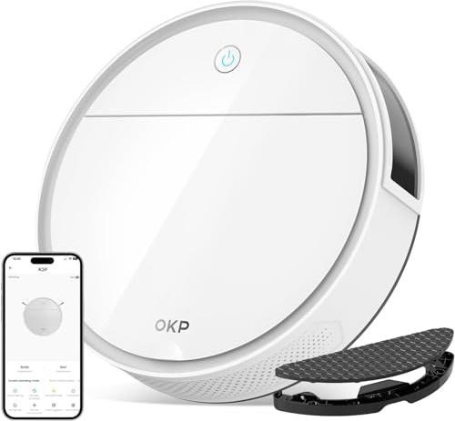 OKP K5 Pro Aspirateur Robot, 5000 Pa,180 Minutes,Ultra-Mince 7,7 cm, Évitement d'obstacles PSD, Silencieux, Adapté aux sols durs et Efficace Contre Les Poils d'animaux, Wi-FI/App/Alexa, Blanc