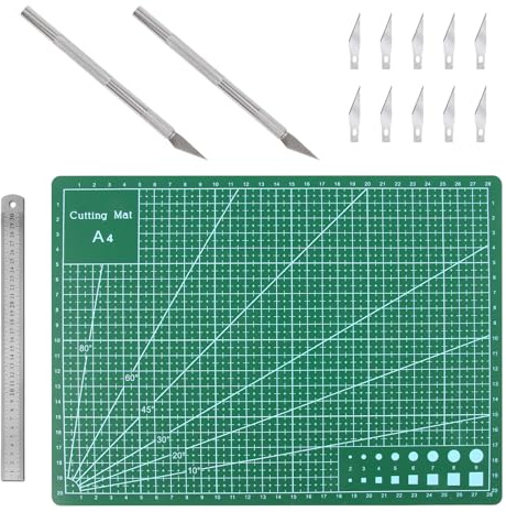 LEIMEND Tappetino da Taglio con Righello in Acciaio 2 Coltelli da Modellismo e 10 Lame di Ricambio Ttappeto da Taglio Bifacciale Adatto per Intaglio Lavori Manuali e Disegno