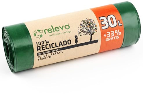 Relevo Sacchi Spazzatura 100% riciclati, 30 litri, 20 unità