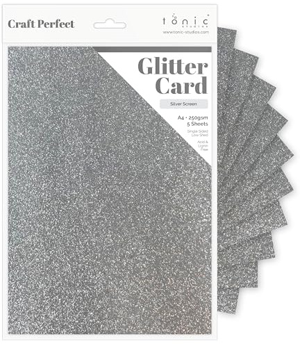 Tonic Studios Craft Perfect Papier Cartonné Pailleté A4-5 Feuilles Couleur Silver Screen - Glitter Card de 250 g/m² - pour Loisirs Créatifs & Scrapbooking