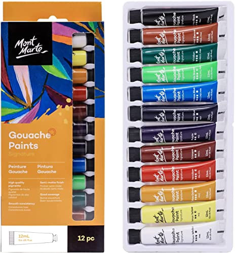Mont Marte Gouache Set – 12 Stück, 12 ml Tuben – Ideal für Gouachemalerei – Brillante, lichtechte Gouache Farben mit großer Deckkraft