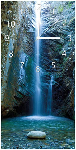 Wallario Design-Wanduhr Wasserfall bei Sonneneinfall aus Glas, Motiv-Uhr Größe 30 x 60 cm, weiße Zeiger