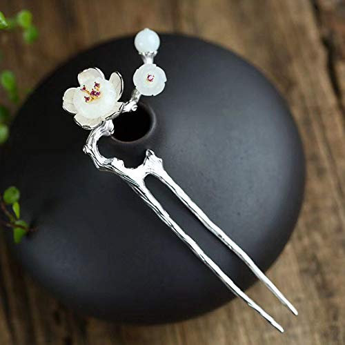 THTHT 925 Sterling Silber Haarnadel Hair Stick Retro Chinesisch Pflaume Einlegearbeiten Aus Weißer Jade Klassischen Weiblichen Temperament Braut Haarschmuck Deko Feste