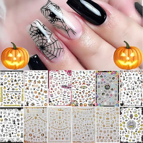 Kalolary 12 Feuilles Nail Art Décorations Halloween Autocollants Manucure Autocollants Autocollants DIY Autocollants pour Fête Festival