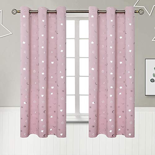BGment Rosa Vorhänge für Mädchenzimmer, Stern und Mond, Verdunkelungsvorhänge für Kinderzimmer, 160 cm lang, wärmeisoliert, Raumverdunkelung, Kinderzimmer, Fenstervorhänge mit Öse, 2 Paneele, 106 cm