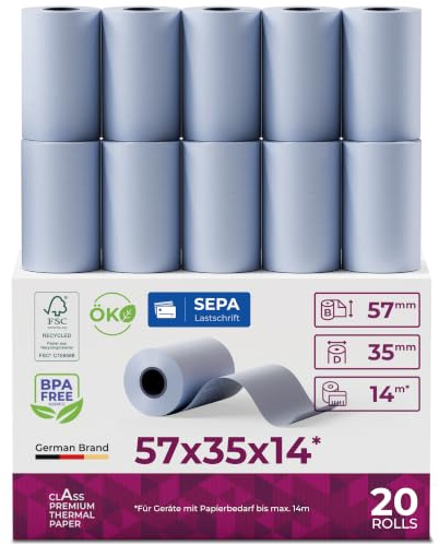 ÖKO EC-Cash-Rollen | Thermorollen 57mm x 14m x 12mm | Kassenrollen | Thermopapier | Bonrollen für Bankomat | Kredit-Kartenlesegeräte (57x35x12) - mit SEPA-Lastschrifttext (20 Rollen)