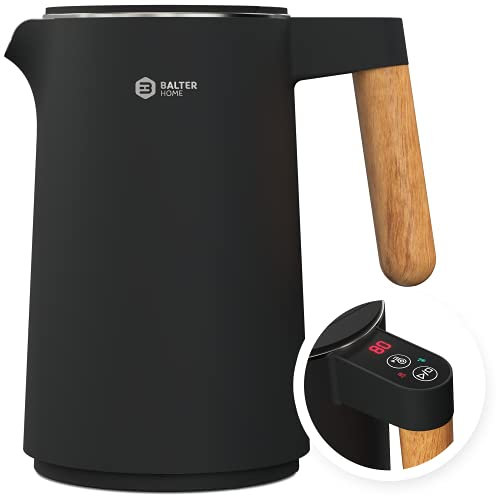 BALTER Edelstahl Wasserkocher mit Temperatureinstellung, 45°C-100°C, Doppelwand, BPA frei, leise & kabellos, Warmhaltefunktion, Teekocher mit Temperaturanzeige, 1.5L, 2200W, Schwarz