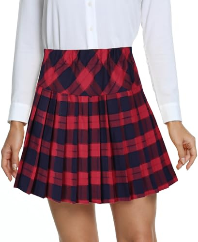 EXCHIC Donne College Stile Alta Vita Mini Pieghe Gonna Elastico Vita A-Line Scozzese Gonne con Breve Pantaloni(M, 5-Rosso)