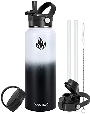 XACIOA Gourde Isotherme 1.2L bouteille isotherme en acier inoxydable avec couvercle en paille, anti-fuite, tasse isotherme de voyage à double paroi sans BPA, garde au chaud et froid…