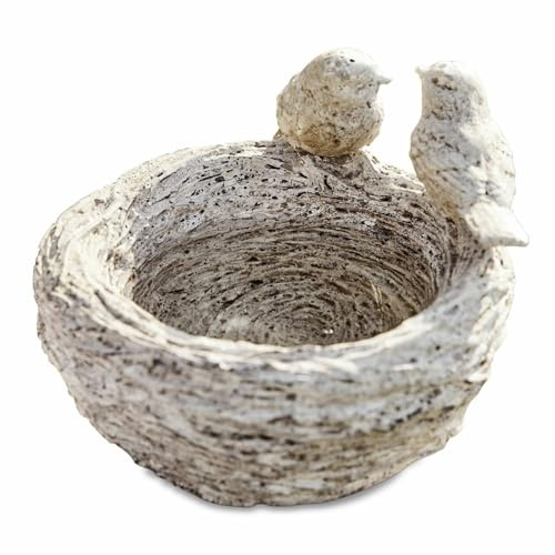 Loberon Vogeltränke Seydi - Naturnahes Design - Niedliche Vogel-Details - Stabiler Zement - Gartendekoration - Outdoor - Beton, antikweiß