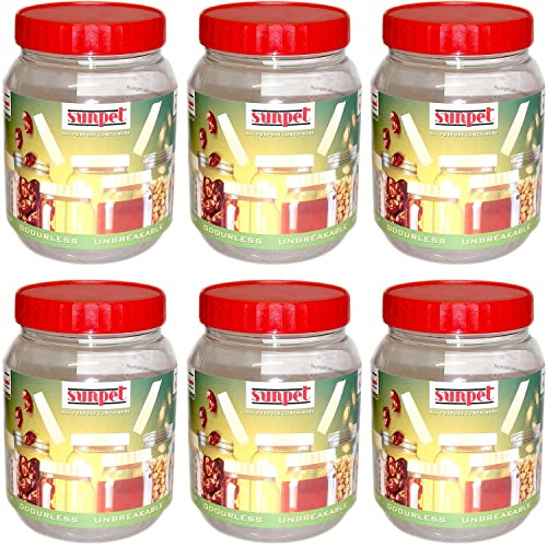 (Pack of 12) - 1000 ML Plastic Storage Round Pet Jars with Airtight Red Screw Top Lids Clear Storage Containers Set Bottle jars Kitchen Food Storage Canister For Hardware Cereal Spices Sugar Sweets